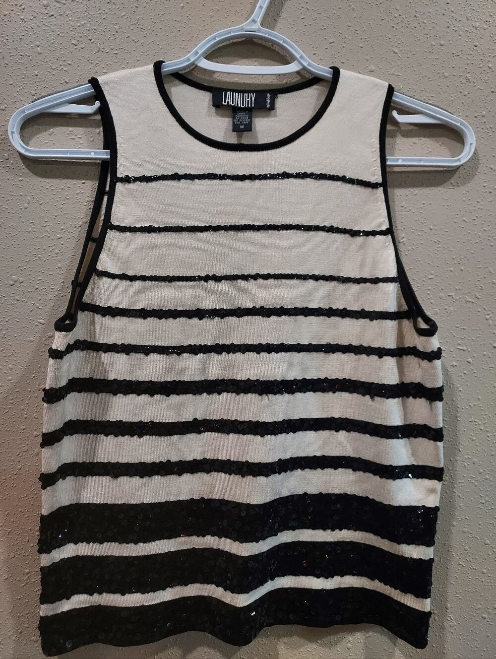 Laundry By Shelli Segal Cream and Black Striped Sequin Tank